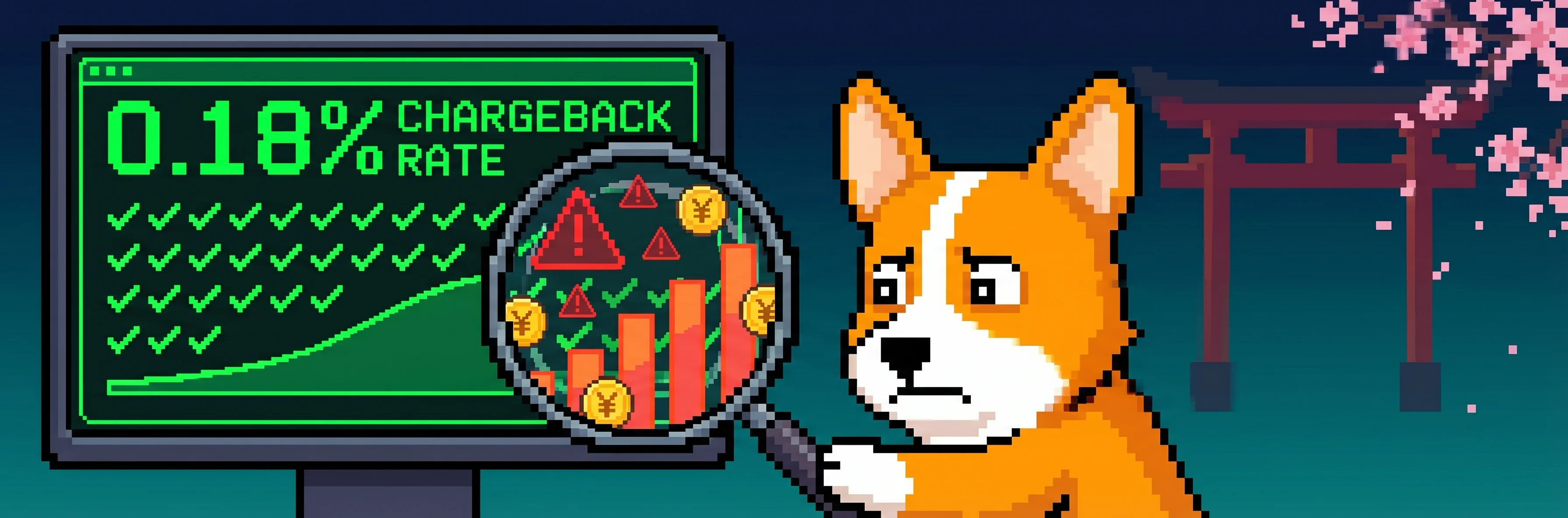 Pixel art corgi holding a magnifying glass up to a monitor displaying a green 0.18% chargeback rate chart. Through the magnifying glass, hidden red bar charts and scattered yen coins are revealed. A Japanese torii gate and cherry blossoms frame the dark night sky background.