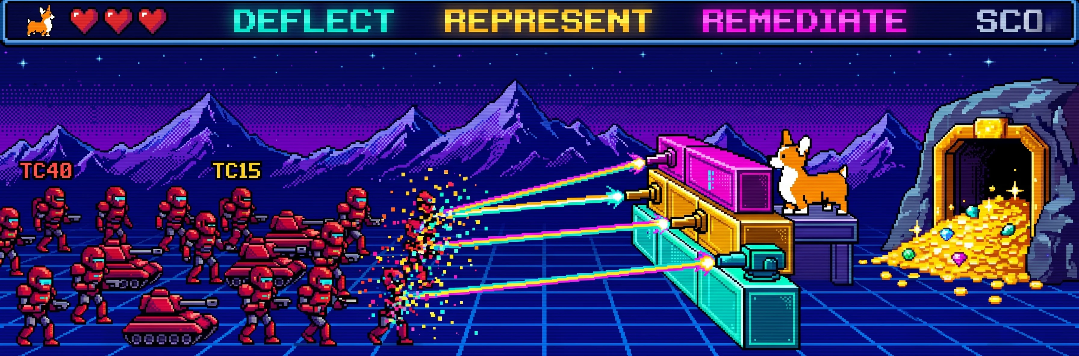 Pixel-art arcade tower-defense scene: a corgi defends a vault overflowing with gold coins behind three neon turrets labeled DEFLECT, REPRESENT, and REMEDIATE, which blast incoming waves of red enemy soldiers and tanks marked TC40 and TC15.