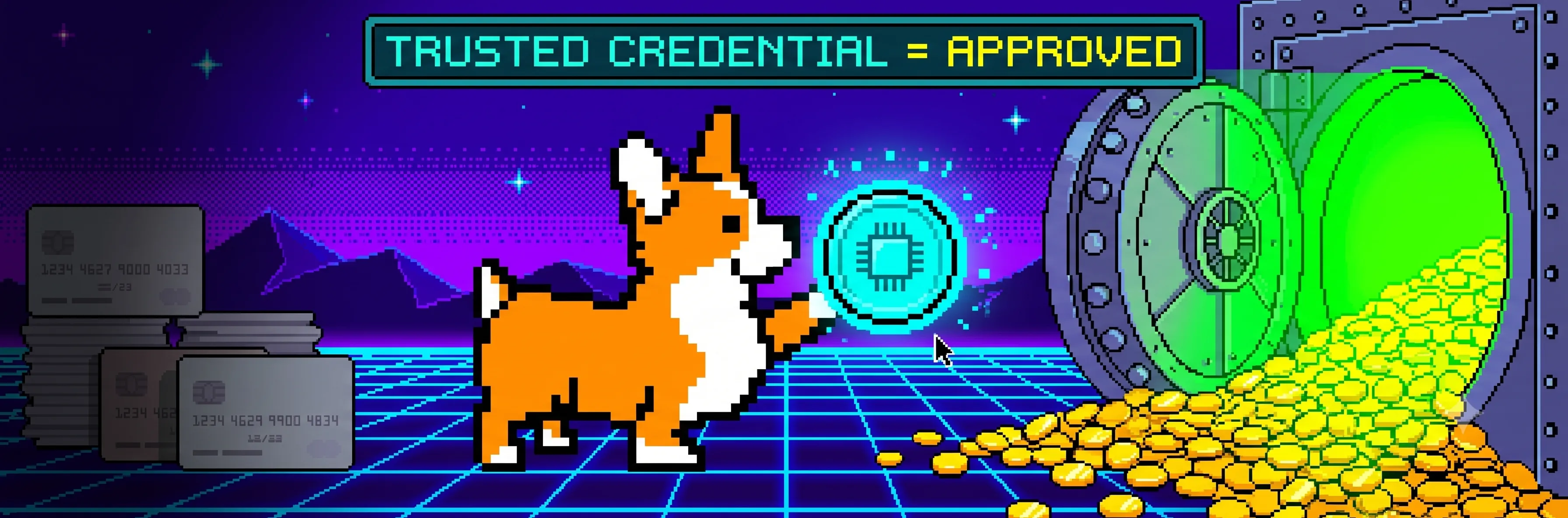 Pixel-art corgi holds a microchip token coin up to an open, green-glowing bank vault spilling gold coins, with faded credit cards nearby. Banner text reads 'Trusted Credential = Approved.'