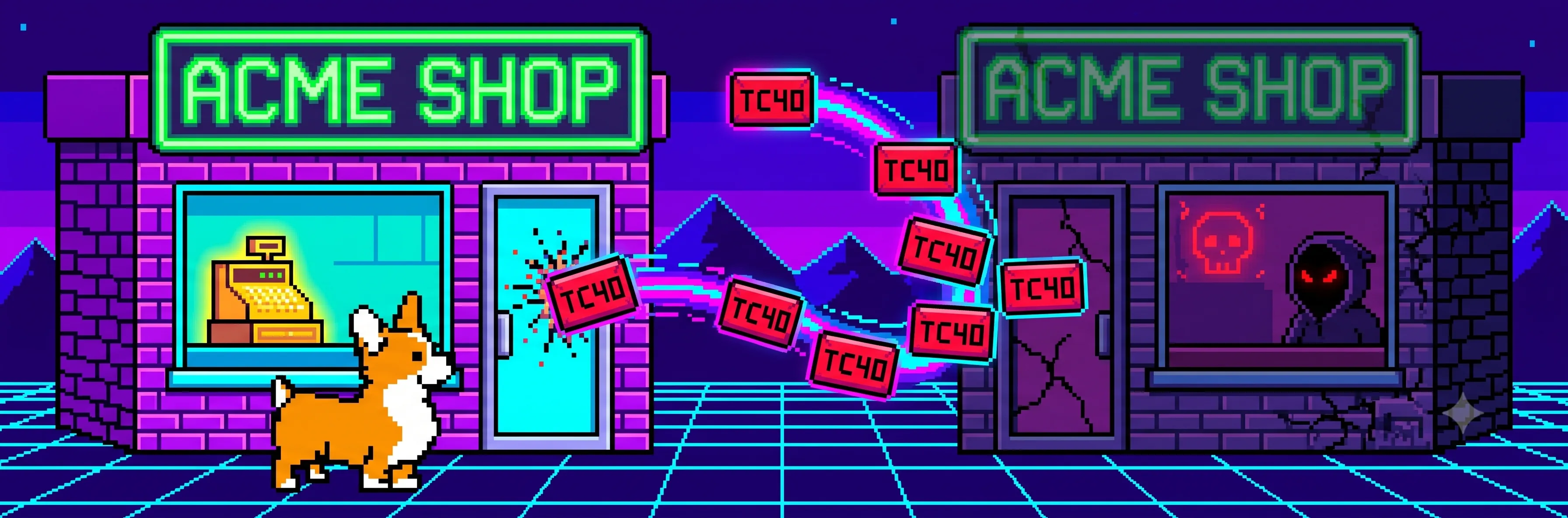 8-bit pixel-art scene of two identical storefronts both signed "ACME SHOP" — the left is a legitimate store with a glowing cash register and a corgi out front, while the right is a cracked, dark clone with a shadowy hooded figure and skull icon. Red TC40 fraud-report envelopes fly from the clone store and slam into the legitimate store's door, illustrating how descriptor misattribution routes fraud fines to the wrong merchant.