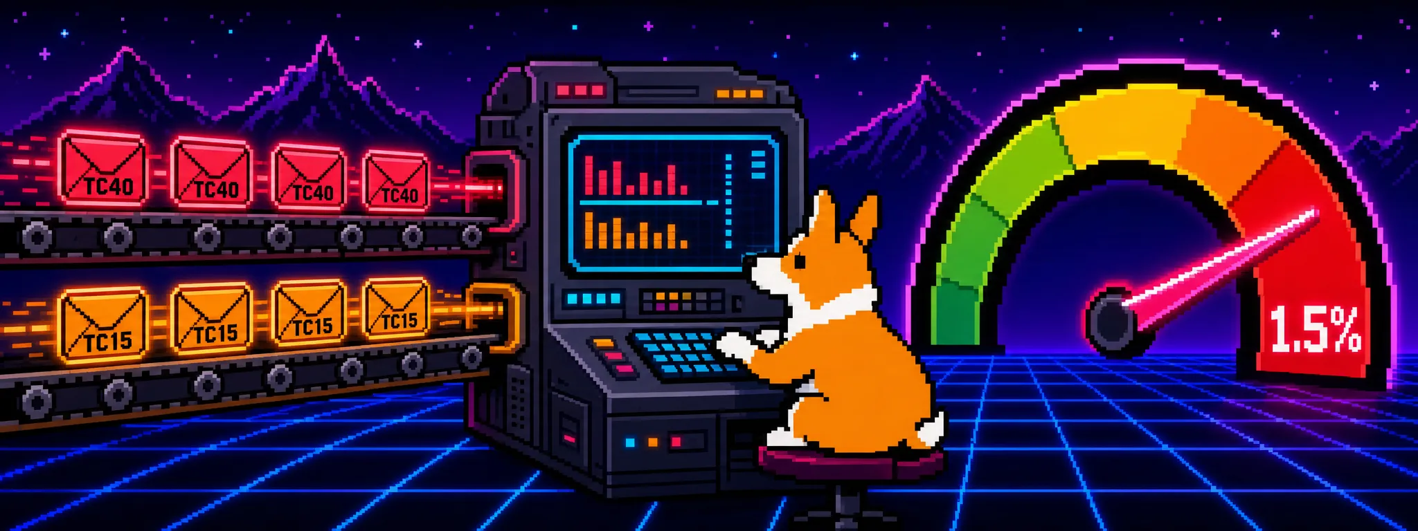 8-bit pixel-art banner of a corgi at a retro computing terminal feeding TC40 fraud reports and TC15 chargebacks into a calculating machine, with a large gauge needle climbing toward a red 1.5% threshold — illustrating how to calculate your Visa VAMP ratio before you hit the Excessive tier.