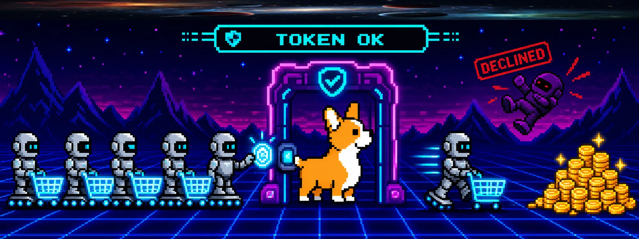 8-bit pixel-art banner of a corgi guard at a neon checkout gate scanning a glowing token badge presented by a line of robot shopping agents, waving a verified agent through toward gold coins while a shadowy impostor robot is declined — illustrating how scoped payment tokens let merchants verify AI buyers by credential instead of guessing from behavior.