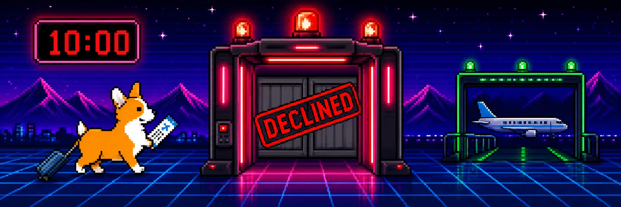 Pixel-art corgi traveler is declined by a red airport security scanner as a countdown clock ticks toward departure.