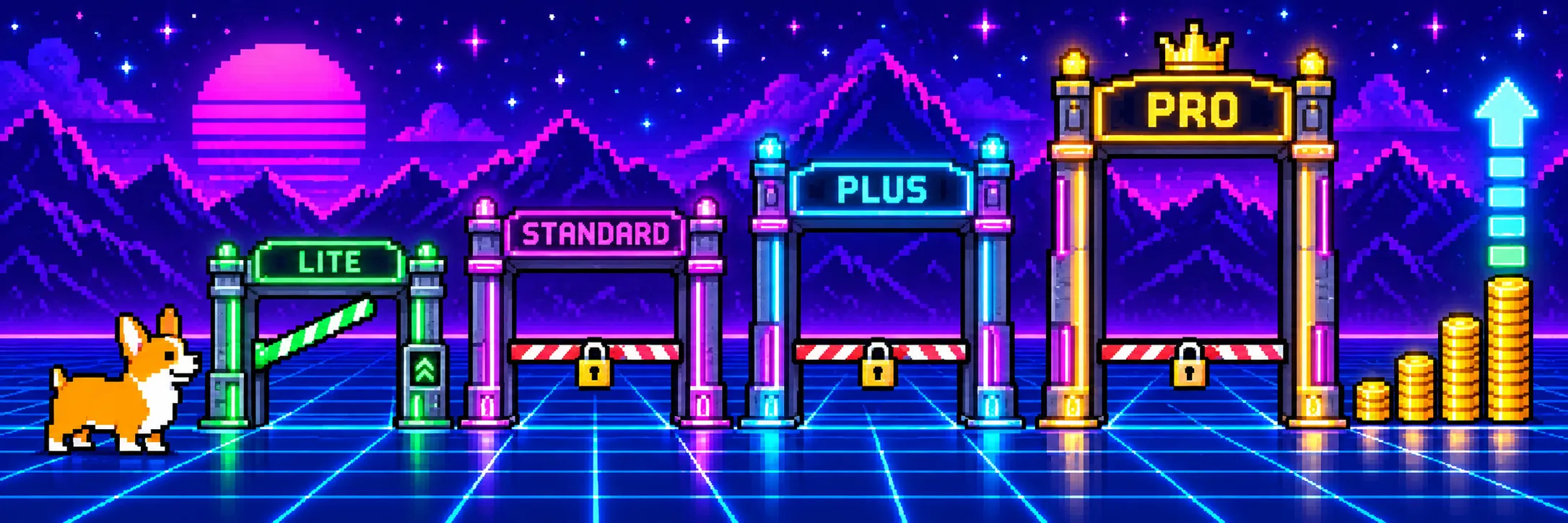 Pixel-art corgi faces four increasingly tall neon toll gates labeled LITE, STANDARD, PLUS, and PRO. LITE is green and open; the others are locked. Gold coin stacks and an upward meter rise at the right against a purple mountain skyline and blue grid floor.