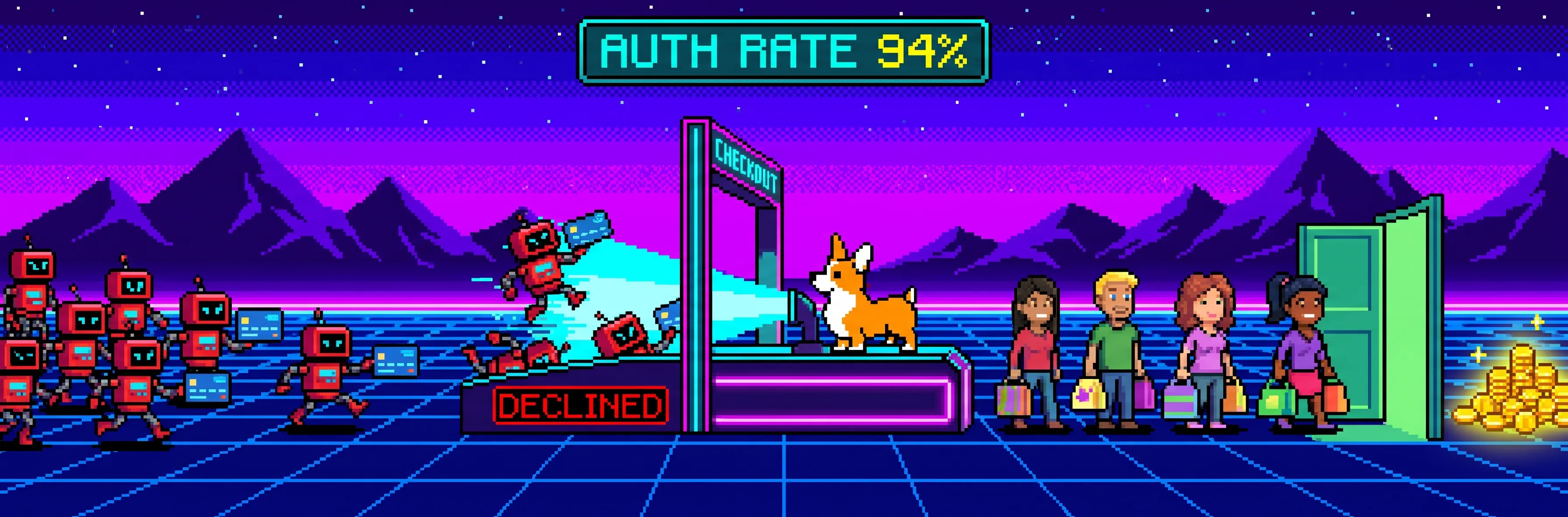 8-bit pixel-art banner of a corgi running a checkout scanner that sends a swarm of card-carrying bots into a declined chute while real shoppers walk through an open door toward gold coins, illustrating how merchant-specific fraud scoring blocks card testing attacks without declining legitimate customers.