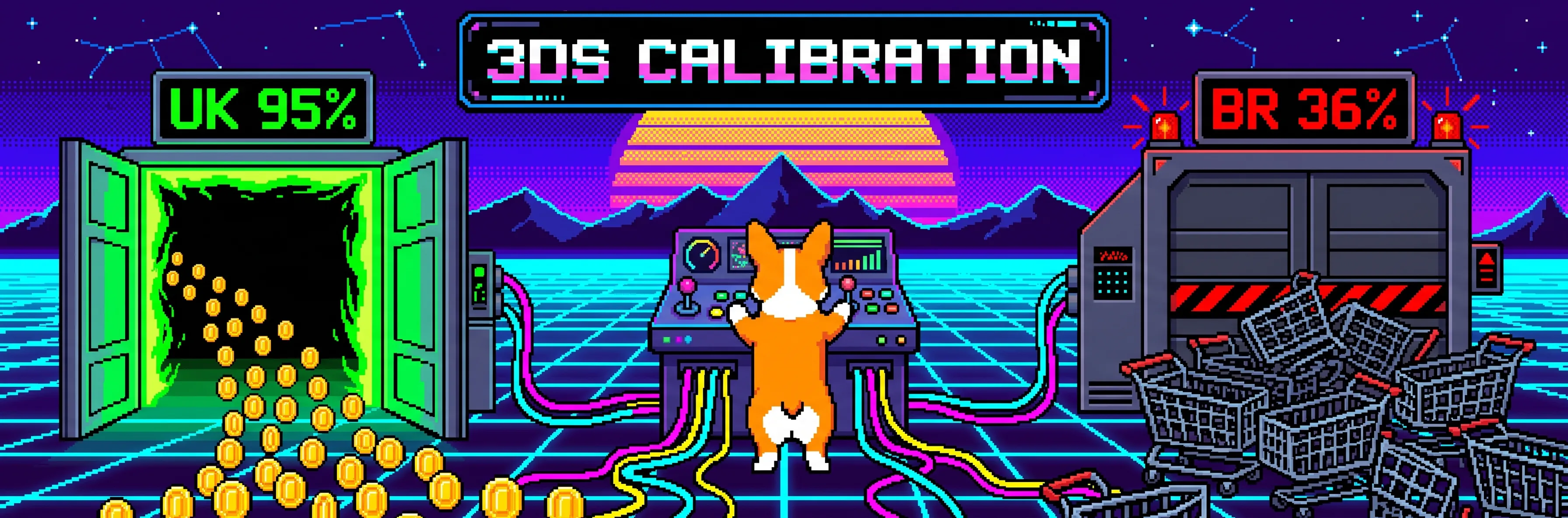 8-bit pixel-art banner of two checkpoint gates: an open green gate labeled UK 95% with coins flowing through on the left, and a jammed gray gate labeled BR 36% with abandoned shopping carts on the right, while a corgi at a control console tunes dials wired to both — illustrating how 3D Secure success rates vary by country and why authentication needs market-level calibration.