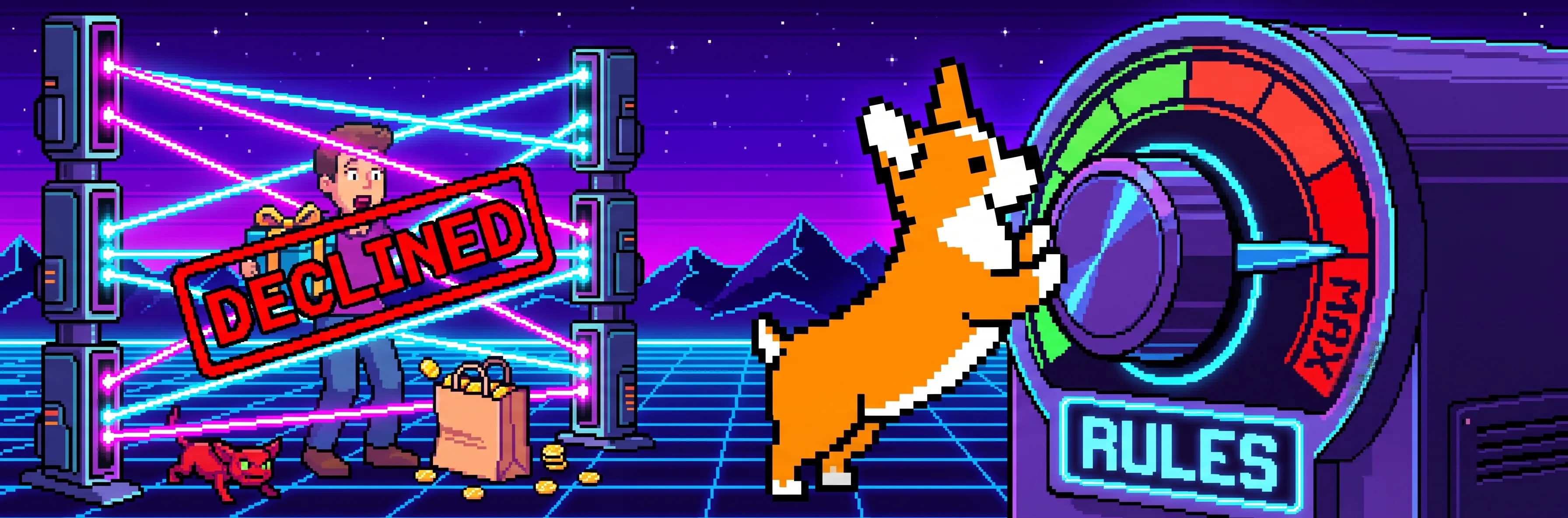 8-bit pixel-art banner of stacked laser gates trapping a loyal shopper with a gift box under a DECLINED stamp while a small fraud gremlin slips through a gap underneath, as a corgi pushes a RULES dial back from MAX — illustrating how tightening fraud rules blocks real customers without stopping fraudsters.