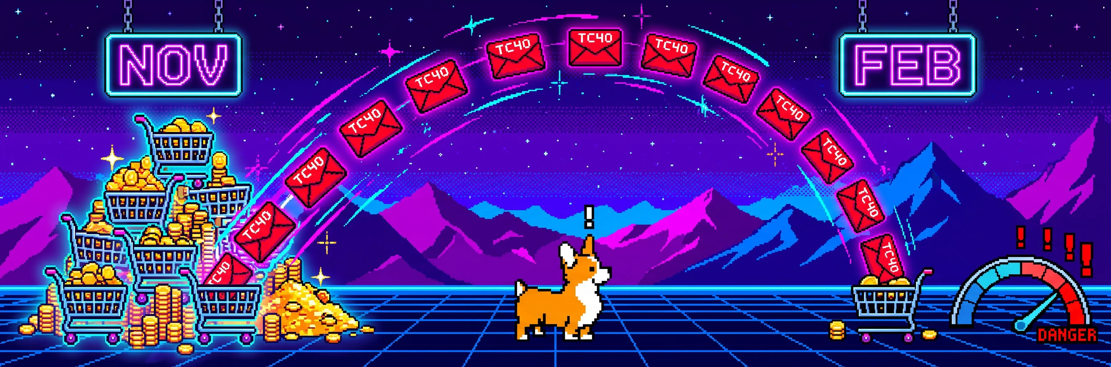 8-bit pixel-art banner of a corgi watching red TC40 envelopes launch from a tall November stack of orders and land months later on a much smaller February stack, pushing a gauge into the red — illustrating how Visa counts holiday disputes in the month they arrive, spiking the VAMP ratio after sales volume drops.