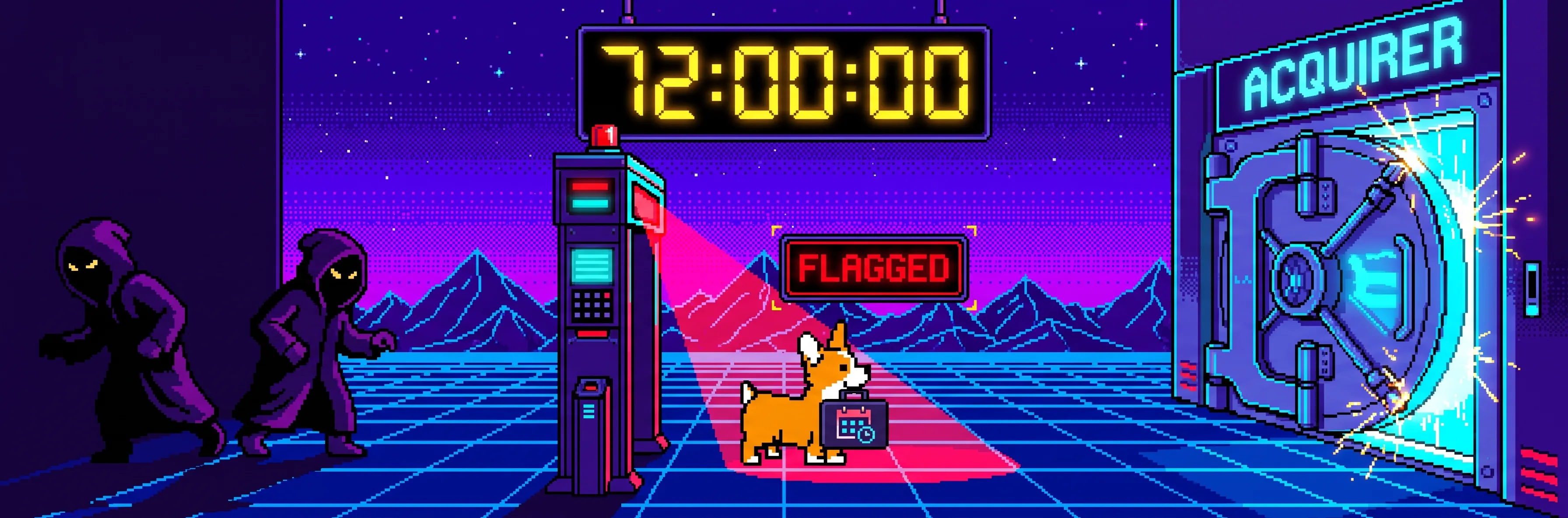 8-bit pixel-art banner of a corgi carrying a subscription-billing briefcase, caught in a red scanner beam under a "FLAGGED" sign with a 72-hour countdown clock overhead, while real scammers slip away in the shadows and an acquirer's vault gate closes. It illustrates how Mastercard's SMMP can flag legitimate subscription merchants as false positives.
